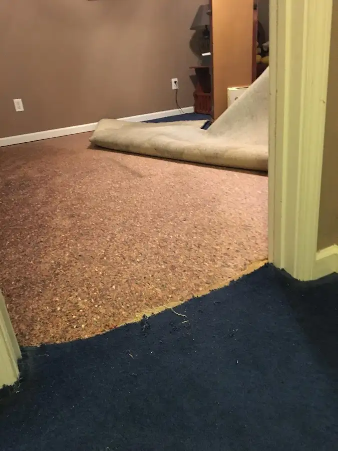 Carpet pad removal revealing water damage during Water Mitigation Services in Peoria